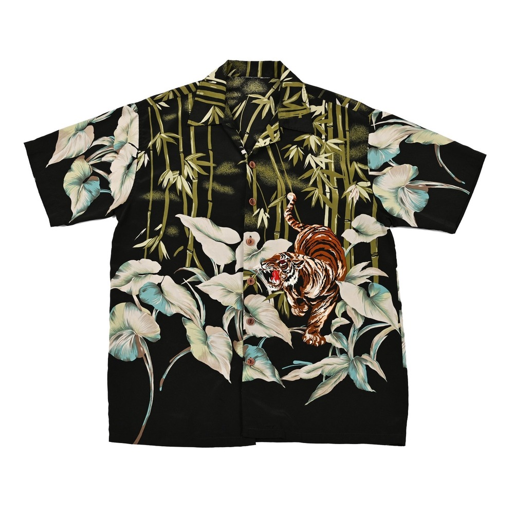 Vintage Dragonfly Button Shirt Mens M Tiger Print Floral Hawaiian Camp Collar